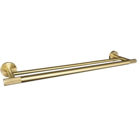 Ensemble de quincaillerie de salle de bain doré brossé comprenant une barre porte-serviettes et un porte-papier toilette. (1/4)