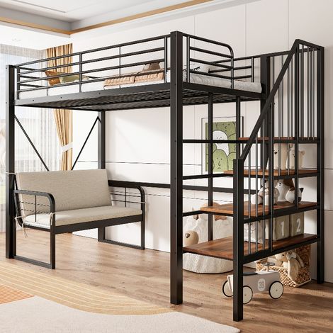 Etagenbett 90x200 mit abnehmbarem Polstersofa und Stauraumtreppe, stabiles Hochbett aus Metall und MDF für Kinder und Erwachsene, Schwarz (1/5)
