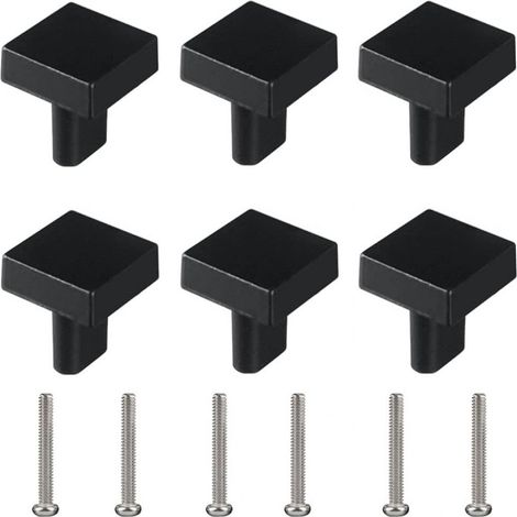 Lot de 6 boutons de tiroir carrés pour meubles - Trou unique - Petite poignée moderne - Noir - Avec vis assorties (1/5)