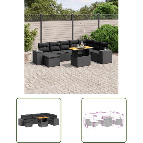 The Living Store 9-tlg. Garten-Sofagarnitur mit Kissen Schwarz Poly Rattan - Gartenmöbel Set - PE-Rattan Möbel - Outdoor Lounge - Gartenecke - Terrassenmöbel (1/3)