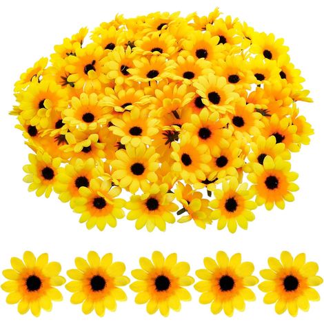 Lot de 100 tournesols, 4,5 cm, nylon et polyéthylène, têtes jaunes, décoration mariage jardin fête table photographie artisanat (1/5)