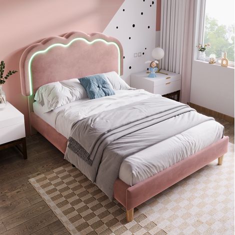 Letto imbottito in velluto rosa 90x200 cm con LED, rete a doghe e testiera regolabile (1/5)