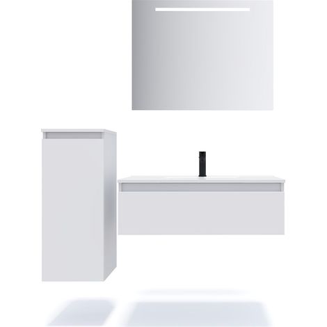 Meuble de salle de bain suspendu vasque intégrée 90cm 1 tiroir Blanc + miroir + colonne ouverture gauche - Hudson (1/5)
