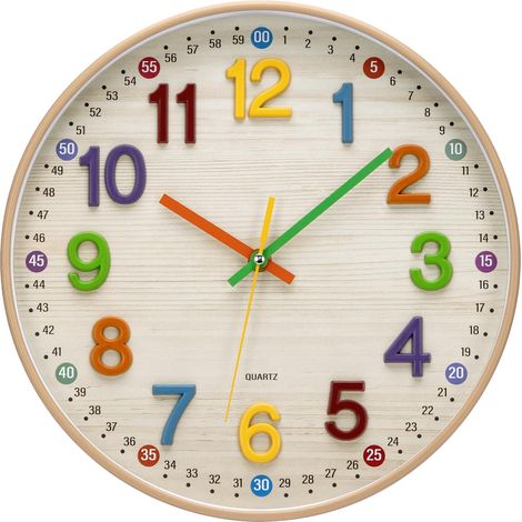 Horloge Murale silencieuse pour Enfant - Vintage - 30 cm - Grande Pile - Facile à Lire - pour Chambre, Maison, Cuisine, Chambre à Coucher, Bureau, école (Nacré Bois - Chiffres 3D) (1/5)