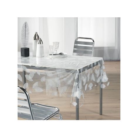 Douceur D'Intérieur – Nappe rectangulaire transparente 140x240 cm – Imprimé feuillage blanc – PVC haute qualité – Nettoyage facile avec éponge (1/3)