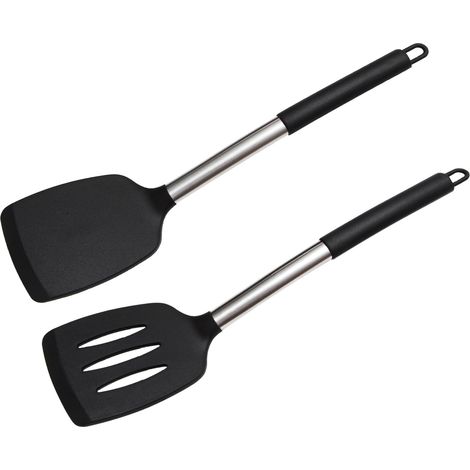 Spatule Cuisine Silicone Set de 2 Spatules en Silicone avec Manche Inox Spatule Coudée Résistante à la Chaleur pour Plancha Friteuse Noir 40 C 230 C