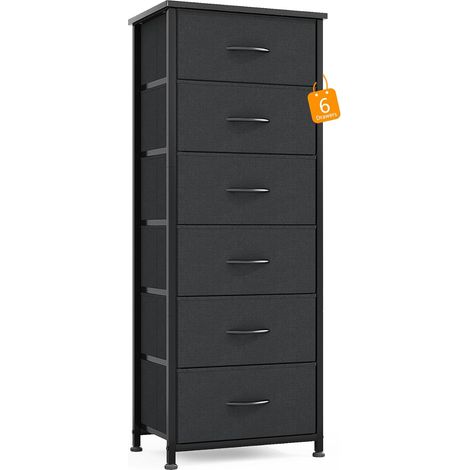Commode étroite à 6 tiroirs en tissu haut et étroit en bois pour chambre à coucher, salon, couloir, chambre d'enfant, noire (1/5)