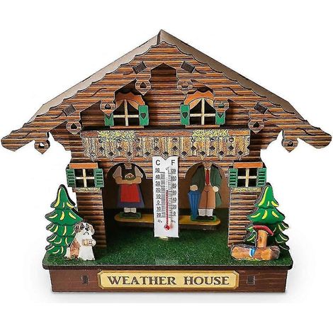 Maison météorologique - Maison météorologique forestière avec homme et femme, Maison météorologique de la Forêt-Noire allemande, Chalet en bois avec baromètre, thermomètre et hygromètre (1/4)