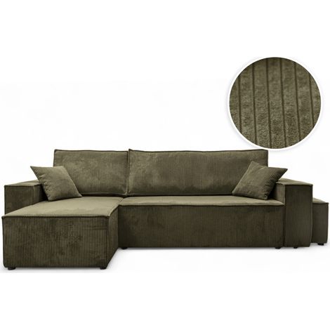 Loungitude – Canapé convertible d'angle réversible 4 places – Velours côtelé – Coffre de rangement – Pouf assorti – Vert kaki (1/5)