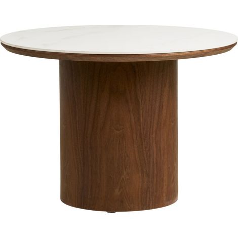 Table basse Ø60cm plateau en céramique aspect marbre pied placage frêne teinté - NELLY (1/5)