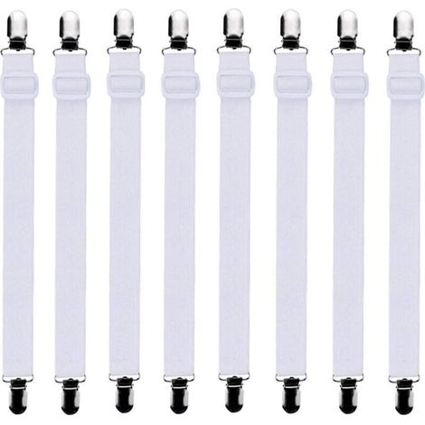 8-teiliges Set verstellbarer Spannbettlaken-Befestigungsbänder (60–200 cm) für Bett und Matratze – Sicherer Halt, Weiß (1/5)