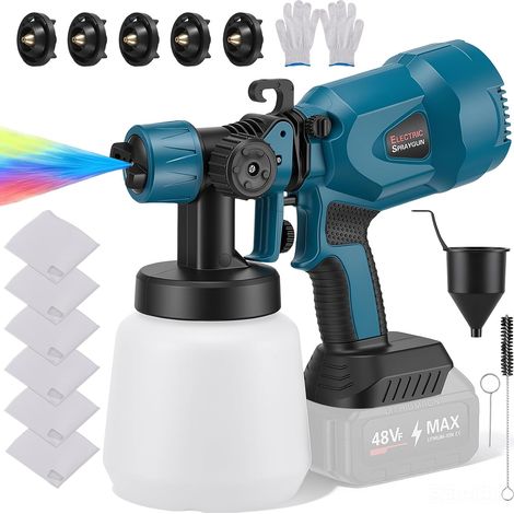 Pistolet à Peinture sans Fil, réservoir 1200 ML, Pistolet électrique avec 5 Buses et 3 Motifs de pulvérisation, débit réglable 0–600 ML/Min, pour clôtures, placards, Portes, Voitures et Murs (1/5)