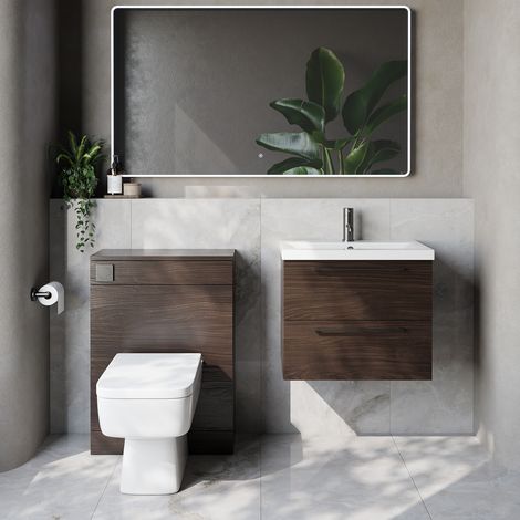 Napoli 390 Cento Brown Oak 1200mm Wall Mounted 2 Drawer Vanity Unit and Toilet Suite with Glide Basin - 1200mm - Gunmetal Grey 320mm HandleWith Kingston Toilet Pan and Seat