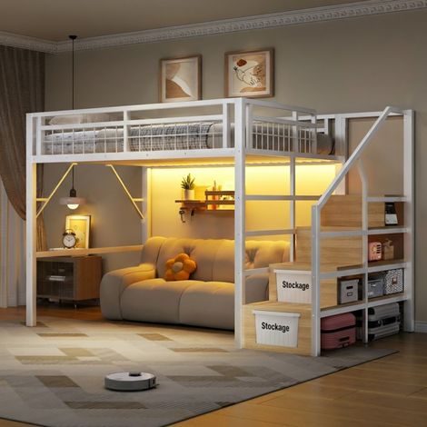Lit Mezzanine 140x200 cm avec LED & Escalier Rangement - Cadre Métal Solide - Espace Libre - Blanc (1/5)
