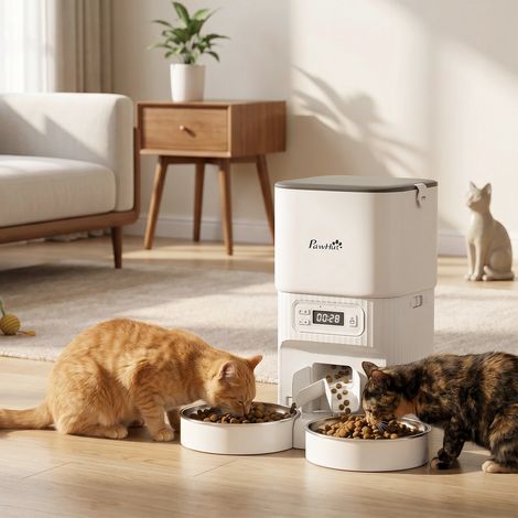 Distributeur automatique de nourriture pour chats avec minuterie, contrôle des portions et 2 gamelles en acier inoxydable (1/5)