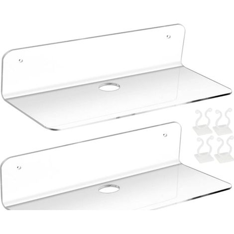 2PCS Étagère Murale Flottante en Acrylique,Etagere Murale Blanche Lot de 2,Etagere sans percer en Acrylique pour Chambre, Salle de Bains, Cuisine, Salon, Bureau, avec 4 Clips Câble (1/4)