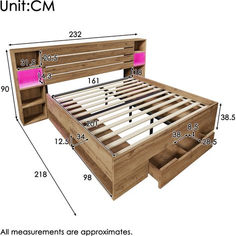 Lit double chêne massif 160x200 cm,LED,tête de lit,tiroirs USB-C,cadre à lattes,rangement,design naturel,avec matelas