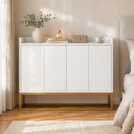 Credenza 4 ante 120x30x80 cm in legno bianco con contenitore - FLORAGRACE (1/5)
