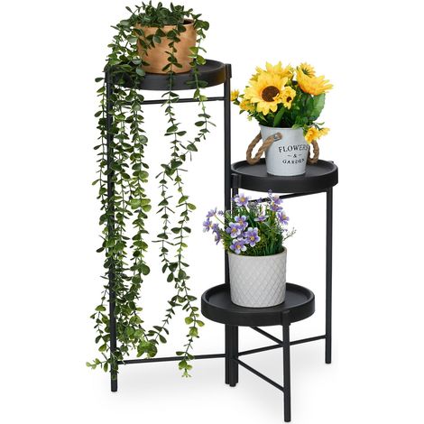Relaxdays Blumenregal mit 3 runden Ablagen, für Blumen- & Pflanzentöpfe, Pflanzentreppe, HBT: 65 x 44 x 44 cm, schwarz