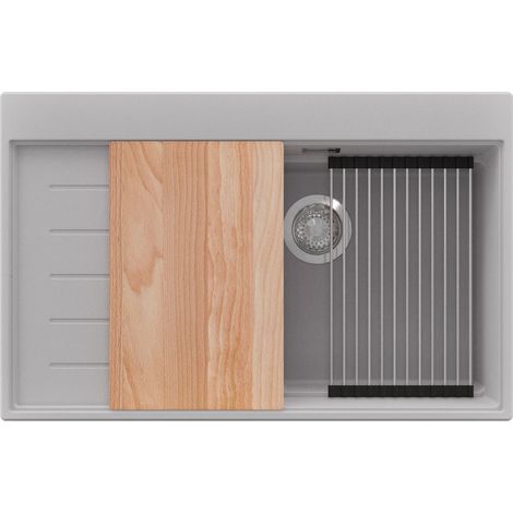 PRIMAGRAN Evier Cuisine en Granit 78x50cm,Lavabo 1 bac + Kit de Vidage + Accessoires, Évier à Encastrer au meuble 60cm - Sydney, Gris