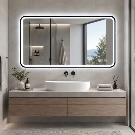 LED-Badezimmerspiegel 70 x 90 cm mit schwarzem Aluminiumrahmen, Anti-Beschlag und dimmbarem Licht (1/5)