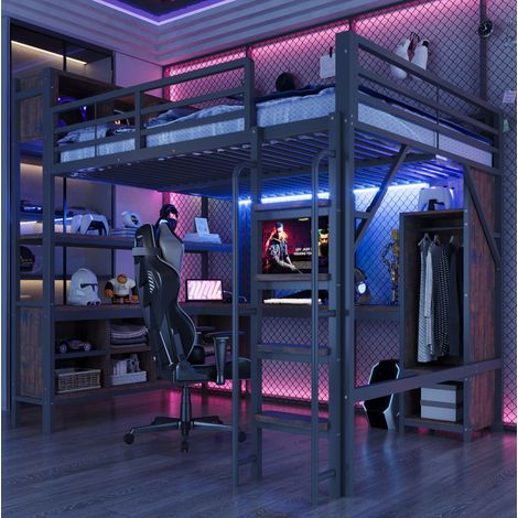 Hochbett 140/200 cm in Schwarz mit Schreibtisch, Kleiderschrank, LED und Steckdosen (1/5)