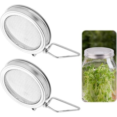 2pcs Couvercles Germination pour Bocaux Mason à Large Ouverture, Réutilisables Couvercle Culture Germes Acier Inoxydable avec Support & Maille Fine pour Biologique Alfalfa Brocoli Haricot (1/5)