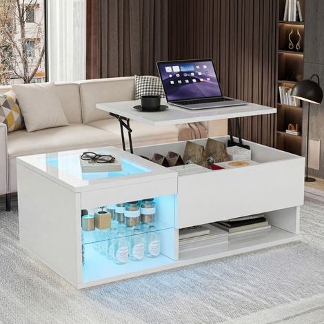 Mesa de centro elevable - LED push-to-open blanca 100x55x35 - Tablero elevable - LED RGB multicolor - 1 cajón (1/5)