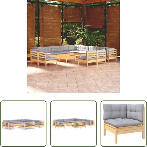 Terrassensofa -  14-tlg. Garten-Lounge-Set mit Grauen Kissen Massivholz Kiefer (1/5)