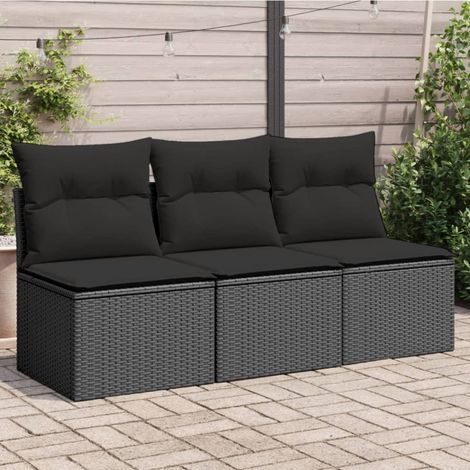 vidaXL Divano da giardino con cuscini 3 posti nero in polyrattan