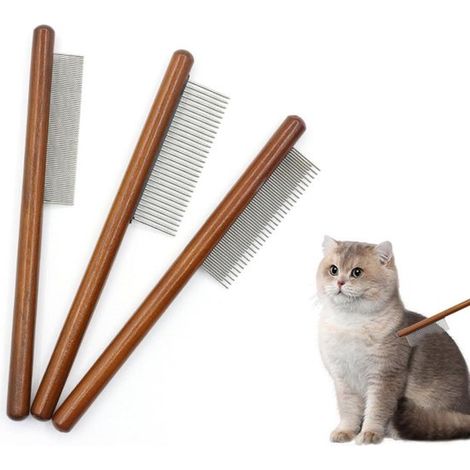 Ensemble de 3 peignes en bois pour chats - Peigne en acier inoxydable pour chiens à poils longs et courts - Peigne anti-puces pour chats - Démêle les nœuds et enlève les poils morts - Lot de 3 (1/5)
