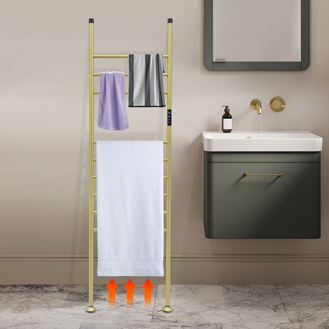 Sèche-serviettes électrique sur pied de 150 W, avec minuterie 1 à 24 heures, 45-70 °C, sèche-serviettes de salle de bain de type radiateur, sèche-serviettes vertical (doré) (1/5)