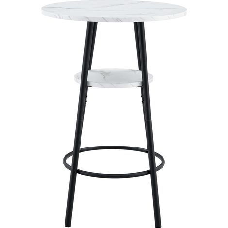 Mesa bar moderna con estante, efecto mármol blanco y estructura de metal negro, 60 x 60 x 89 cm (1/5)