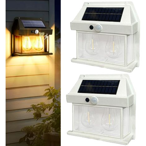 Paquet de 2 lampes pour porche solaires à double ampoule, lumière solaire à capteur de mouvement, lumières solaires murales étanches avec 3 Modes (1/5)