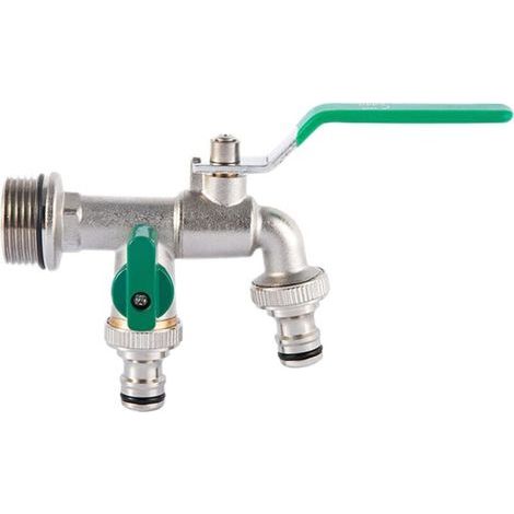 Robinet de jardin double sortie 1 pouce en laiton, adaptateur 3/4 pouce, robinet d'extérieur résistant au gel avec 2 raccords de tuyau, robinet double sortie universel pour citerne d'eau de j (1/4)