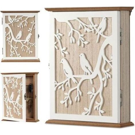 Boîte à Clés en Bois, Boite a Clef Decorative Armoire a Clef Murale avec 6 Crochets à Clés, pour Entrée, Chambre, Couloir, Garages, Bureaux -Blanc Vintage 26,5 x 20 x 6 cm