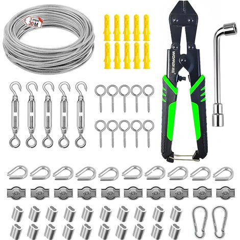 70 Pieces Stainless Steel Cable Set, 304 Stainless Steel, 30 m PVC Coated 3 mm Steel Cable, Cable Tensioner Set, for Light Garlands, Clothes Ropes, Hanging Curtain Rope (Silver) (1/5)