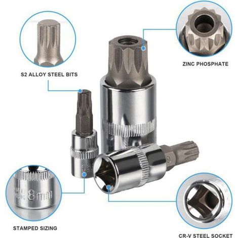 Embouts Torx 1/2", 1/4", 3/8", Torx 6 pans T8 T10 T15 T20 T25 T27 T30 T40 T45 T50 T55 T60 T70, inbuskop Femeo (1/4)