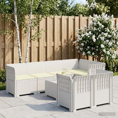 Canapé de Jardin 7 Places en Polypropylène Aspect Rotin avec Coussins Blanc et Crème - PANGIVO (1/5)