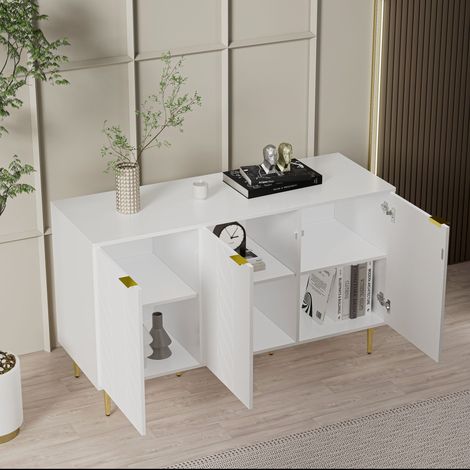 Buffet moderne avec pieds et poignées plaqués or, commode laquée, angles arrondis, pour chambre, salon et salle de bain, motif floral, 2 étagères et 6 compartiments, 127 cm (L) x 45 cm (P) x 75 cm (H)