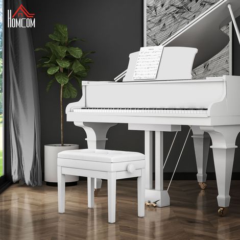 Banc de piano 58 cm blanc avec hauteur réglable de 48 à Espace de rangement Pieds en bois