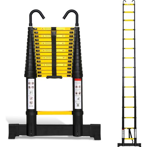TolleTour Scala telescopica in alluminio nero-giallo da 4,4 m con 2 ganci e stabilizzatore, portata fino a 150 kg