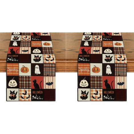 Camino de mesa de Halloween, decoración de mesa para el hogar y fiestas, 33 x 183 cm, diseño de gato negro, murciélago y calabaza (2 piezas) (1/5)