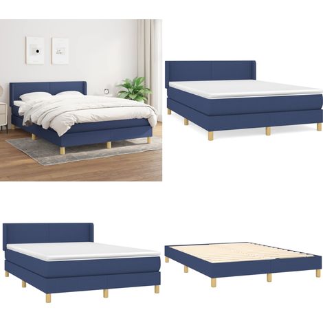 Sommier à lattes de lit avec matelas Bleu 140x190 cm Tissu - Lit Plateforme - Lit Double - Literie - Matelas Ressorts Ensachés - Têtière Ajustable - Home & Living