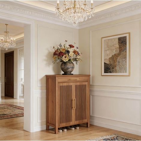 Scarpiera 119.5x44.0x26.0 cm, 5 livelli con ante a lamelle e cassetto, ripiani rimovibili, MDF e metallo, marrone (1/5)