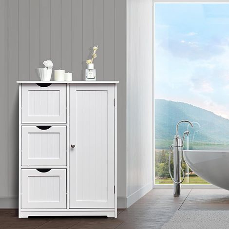 COSTWAY Badkommode mit 3 Schubladen & 1 Schranktür, mit 3 Positionen Verstellbarer Ablage, Badezimmerschrank, 30 x 60 x 81 cm weiß