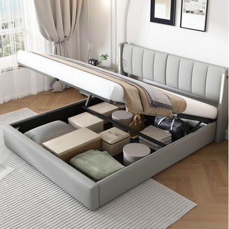 Letto imbottito moderno in PU grigio 180x200 cm con testiera regolabile, LED, porta USB/Type-C e vano contenitore