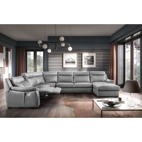 Canapé d'angle relax convertible en cuir italien épais – 8 places – Relax électrique – Coffre de rangement – 370 cm x 298 cm – Gris (1/5)