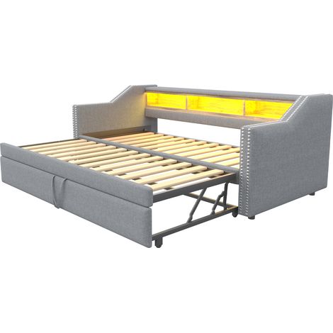 GagaGagaCanapé-lit rembourré extensible 90 à 180 x 190 cm, LED, USB, gris clair (1/5)