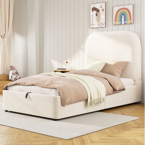 Lit coffre 90 x 200 cm pour enfant, avec sommier, tête de lit rembourrée, velours beige DESVIAE (1/5)